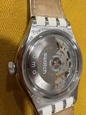 Swatch Silver Automatic Watch with White Strap